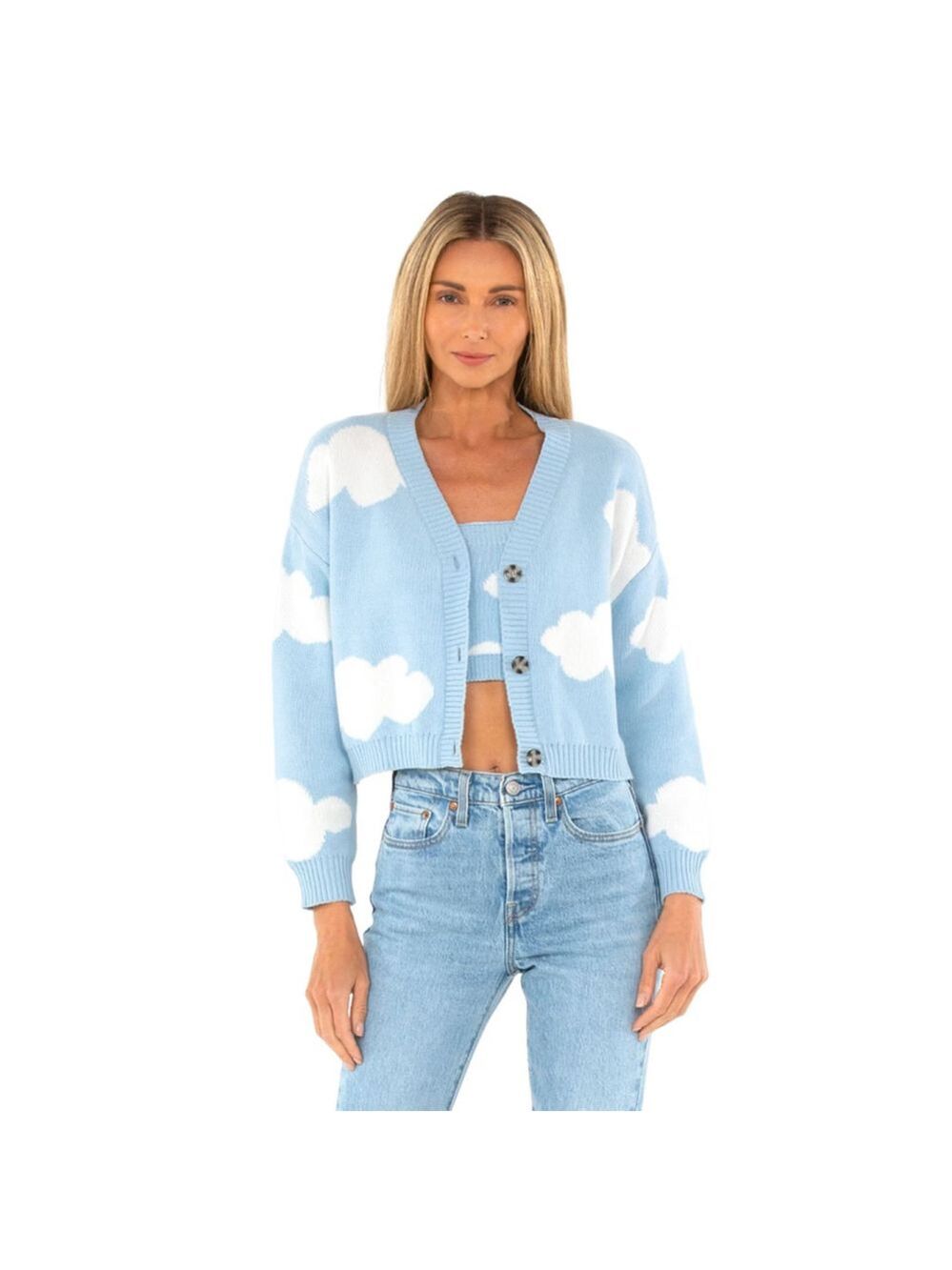 Callahan Blue White Cloud Knit Meg Cardigan & Crop Top Set M